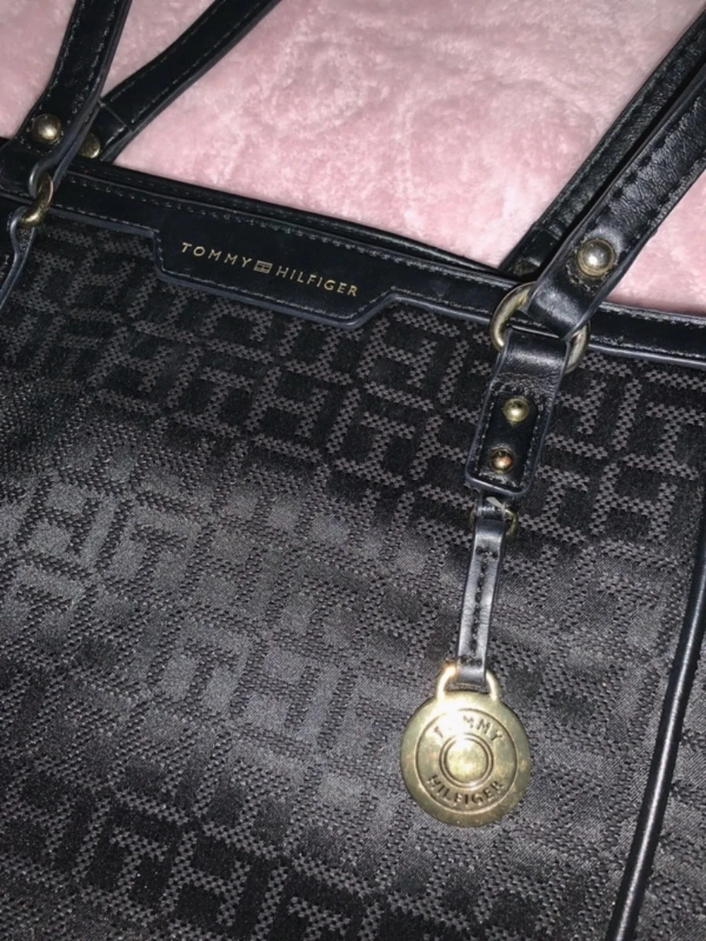Tommy Hilfiger Black Monogram Tote with Gold Charm
